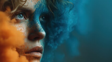 Fototapeta premium Young person with colorful powder on face stands amid vibrant smoke during a festive celebration of color and creativity