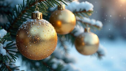 Glittering gold & silver baubles on a snowy branch, tree, red