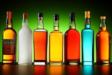 Variety of liquor bottles in vibrant hues