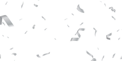 Elegant silver confetti and streamers fall gracefully in a seamless, Seamless Elegant Silver Confetti and Ribbon Overlay on Transparent Background for Luxurious Event Designs