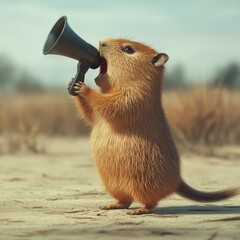 Creative boss capybara holds a yellow loudspeaker in his paw and screams, concept. Advertising and management, creative idea.