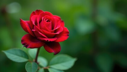 Deep red rose with green foliage in bokeh background, vignette, art, beauty