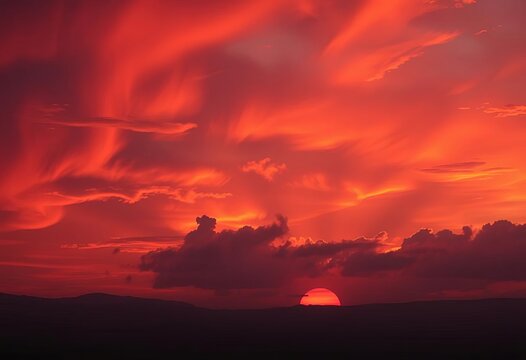 Vast, smoky sunset sky ablaze with fiery orange, red, and purple hues, casting long shadows, atmospheric, twilight