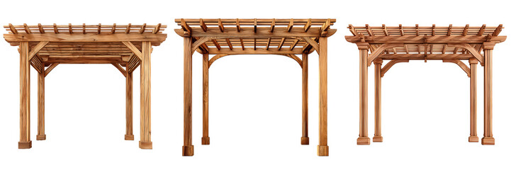 Wooden pergola frame made from acacia wood with clean cuts, Natural Shade Structure, isolated on Transparent background