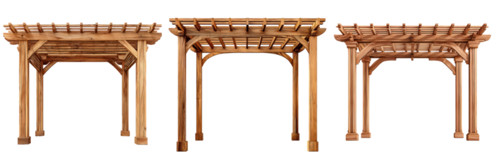 Wooden pergola frame made from acacia wood with clean cuts, Natural Shade Structure, isolated on Transparent background