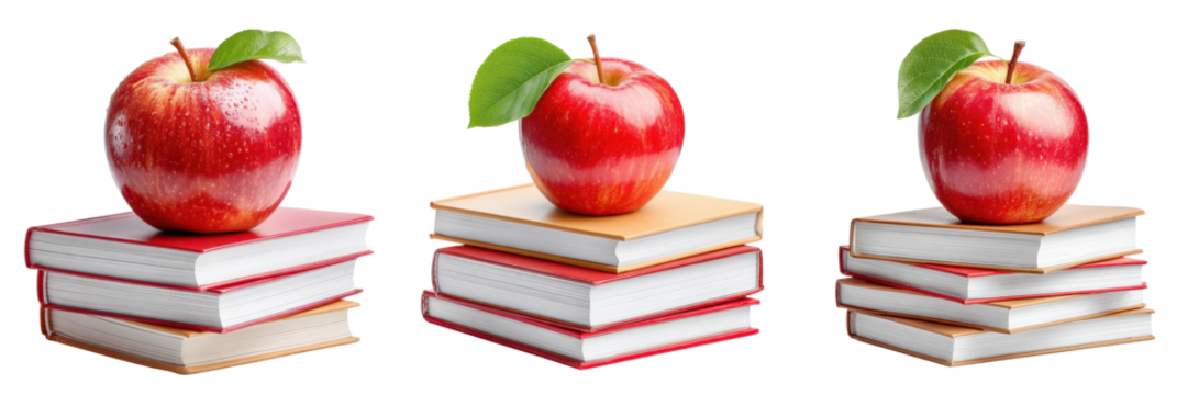 Apple on stack of books with clean composition, Concept of teaching, respect for educators, and classroom tradition, isolated on Transparent background