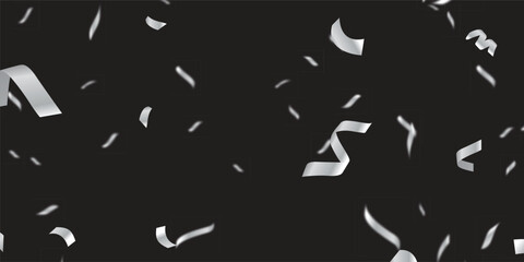 Realistic Silver Confetti and Streamers on Elegant Black Background for Luxury Celebrations. Silver Metallic Confetti with Streamers on Transparent PNG for Premium Celebrations