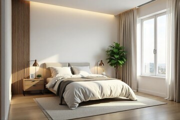 Modern minimalist bedroom, clean lines, neutral tones, space, bed