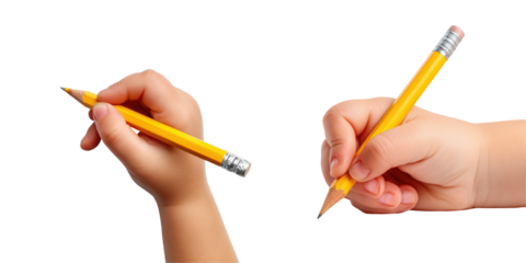 Child's hand holding pencil with drawing sheet, Concept of early writing practice and confidence, isolated on Transparent background