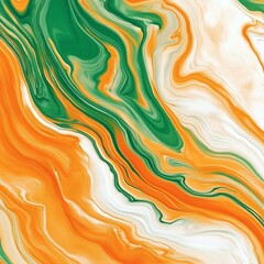Flyer layout template with mixture of acrylic paints. Liquid marble texture. Fluid art. Applicable for design cover, flyer, poster, placard. Mixed orange, green and white paints.