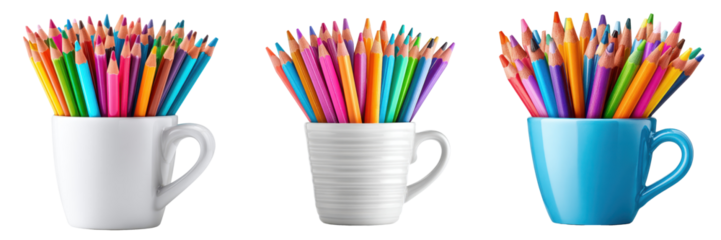 Crayons in a cup beside drawing paper, Concept of creativity, motor skills, and early expression, isolated on Transparent background