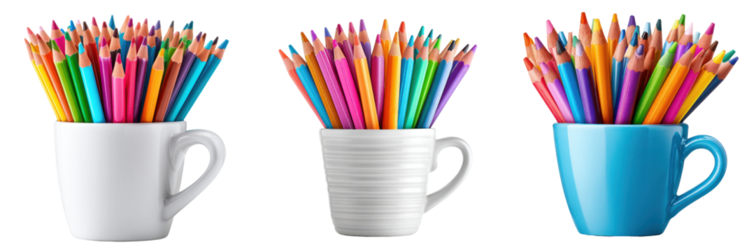 Crayons in a cup beside drawing paper, Concept of creativity, motor skills, and early expression, isolated on Transparent background