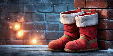 santa's boots next to chimney, magical atmosphere at night 