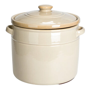 Traditional beige fermentation crock with lid, perfect for fermenting vegetables, isolated on a white background with transparent background, offering versatility for various design projects