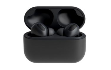 3D realistic model for black wireless earbuds, both in and out of the charging case, isolated on a transparent background