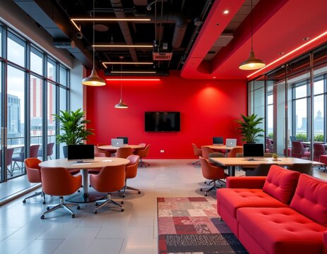 an interior office space with modern design elements. red walls create a vibrant backdrop, contrasting with the cool tones of the room's furnishings