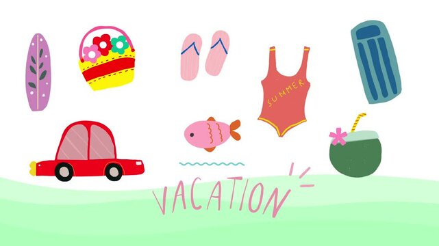 Cute animated vacation item set with colorful car, swimsuit, flip flops, fish, coconut drink, surfboard and flowers bag

