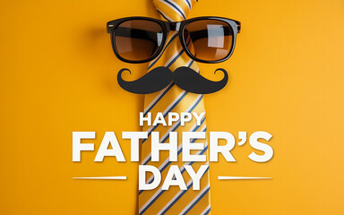 Celebrating happy fathers day with sunglasses moustache and a stylish yellow tie on a sunny background.