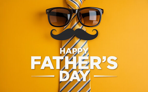 Celebrating happy fathers day with sunglasses moustache and a stylish yellow tie on a sunny background.