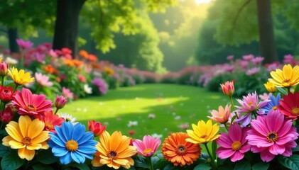 Obraz premium Vibrant border of colorful flowers blooming in a garden , beautiful, nature