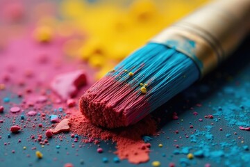 Fototapeta premium Close-up of worn paintbrush bristles, vibrant paint hues , acrylic, still life, worn