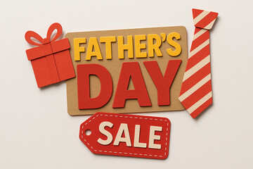 Fototapeta premium Festive fathers day celebration with a red gift box tie and fathers day sale tag on a white background