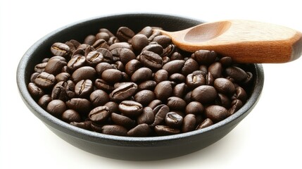 Fototapeta premium Coffee Beans in Bowl with Wooden Spoon Isolated on White