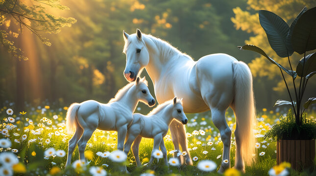 white horse with two baby  - Powered by Adobe