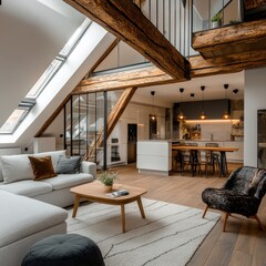 Modern open-plan apartment in attic, loft style, 3d render
