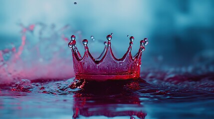Water drop splash, crown-shaped, blue-colored background, cinematic,