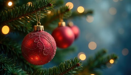 Fototapeta premium Sparkling Christmas tree ornaments hanging on a decorated tree branch , rustic, branches, decor