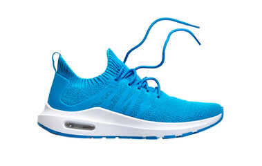 Blue Knit Sport Shoe Flying: Lightweight Athletic Sneaker with Air Cushion Sole for Running, Training. Footwear Tech, Fashion. Isolated on transparent background, PNG, cut out.