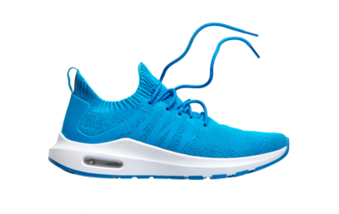 Blue Knit Sport Shoe Flying: Lightweight Athletic Sneaker with Air Cushion Sole for Running, Training. Footwear Tech, Fashion. Isolated on transparent background, PNG, cut out.