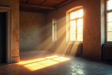 Sunlight streams through bright windows illuminating a dust mote filled room , cleanliness, bright light