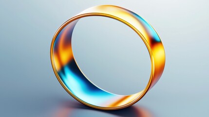 A shiny gold ring with a blue and orange gradient background.
