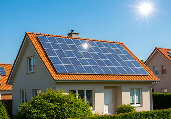 Fototapeta premium Residential Solar Panels on Tiled Roof with Bright Sun Flare: Sustainable Green Energy Future for Modern Homes, Eco-Friendly Power Technology.