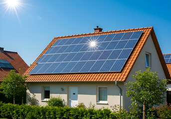 Fototapeta premium Residential Solar Panels on Tiled Roof with Bright Sun Flare: Sustainable Green Energy Future for Modern Homes, Eco-Friendly Power Technology.