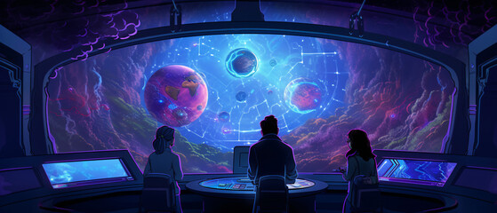 A research team in a deep-space station studying a new discovery, captured in a flat vector illustration.

