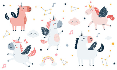 A set of flat vector illustrations in a simple children's style. Cute unicorns with wings, stars, clouds, constellations, notes . Vector illustration © Alena