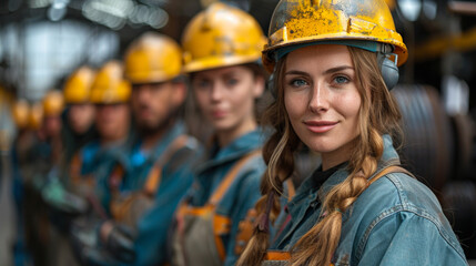 Group of confident construction workers in hard hats and protective gear, standing together in an industrial setting, highlighting teamwork, safety, and workplace confidence.  
