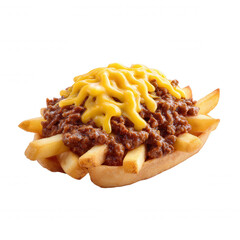 Crispy french fries smothered with savory chili and melted cheese create a delicious and tempting fast food meal that looks perfect on a white background.