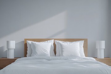Minimalist serene bedroom with wooden headboard, white linen bedding and lamps