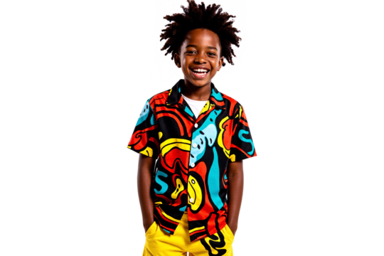 young Black boy with short natural afro hair, radiating pure happiness with a wide, infectious smile while dressed in a brightly colored and intricately patterned short-sleeve shirt, isolated