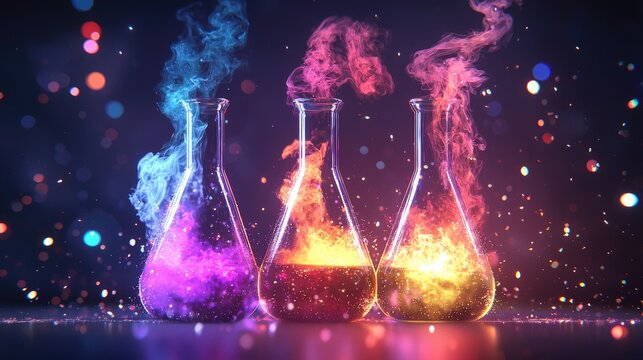 Colorful flasks with vibrant chemical reactions in a dark background.