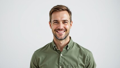 Smiling Young Man in Casual Olive Green Shirt with Neutral Background