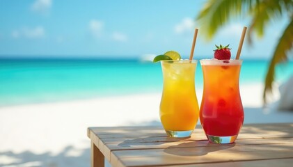 White sand beach, two fruity cocktails on a table, tropical, glass