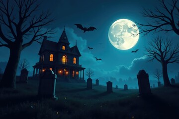 Fototapeta premium Spooky graveyard at night with tombstones and a haunted house in the background Perfect for Halloween projects , gothic background, stars