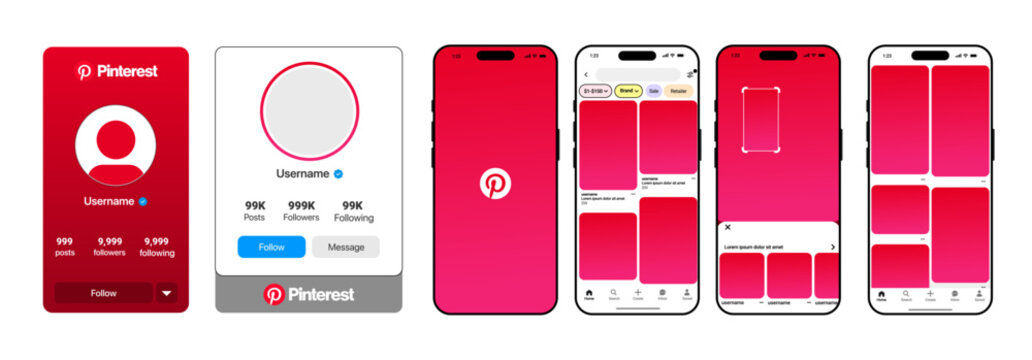 Pinterest photo frame UI mockup template with follow us label. Pinterest board, pin, and user profile layout with bright and clean interface for visual discovery and inspiration.	