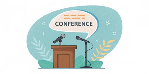 Conference Illustration Two Mics, Podium, Speech Bubble, Art, Meeting Presentation, Webinar