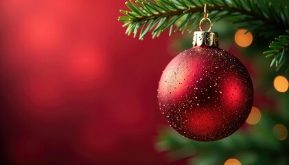 Sparkling red Christmas ball ornament with glitter, hanging on a branch Festive holiday decoration , classic, festive, merry